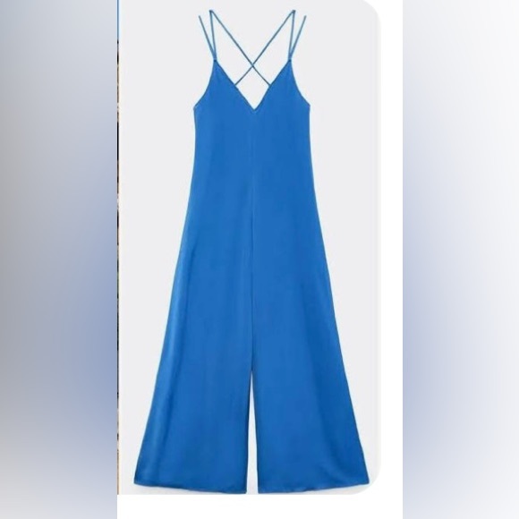 Zara Pants & Jumpsuits Zara Blue Satin Jumpsuit Poshmark
